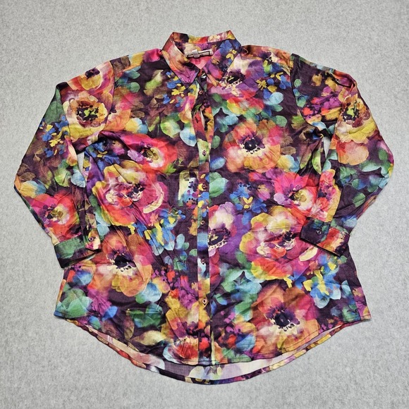 Johnny Was Elektra Blooms Silk Shirt Floral Button Up Long Sleeve Blouse Sz M - Picture 1 of 11